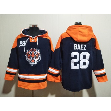 Men's Detroit Tigers #28 Javier Baez Navy Lace-Up Pullover Hoodie