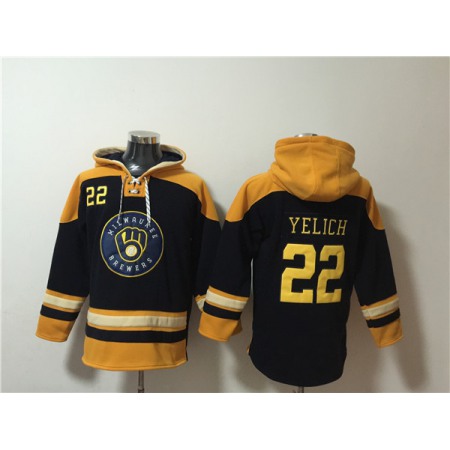 Men's Milwaukee Brewers #22 Christian Yelich Black/Gold Ageless Must-Have Lace-Up Pullover Hoodie