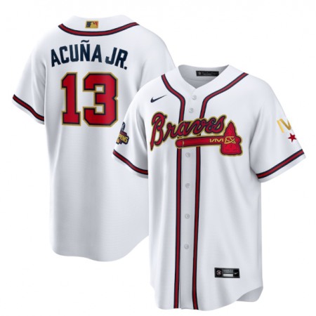 Men's Atlanta Braves #13 Ronald Acuna Jr. 2022 White/Gold World Series Champions Program Cool Base Stitched Baseball Jersey