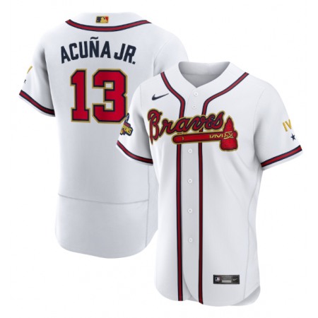 Men's Atlanta Braves #13 Ronald Acuna Jr. 2022 White/Gold World Series Champions Program Flex Base Stitched Baseball Jersey