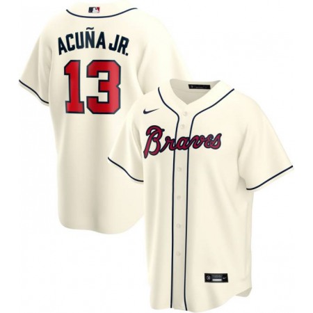 Men's Atlanta Braves #13 Ronald Acuna Jr Cream Cool Base Stitched Jersey