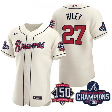 Men's Atlanta Braves #27 Austin Riley 2021 Cream World Series Champions With 150th Anniversary Flex Base Stitched Jersey