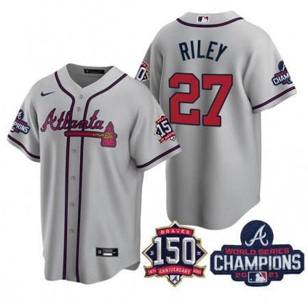 Men's Atlanta Braves #27 Austin Riley 2021 Grey World Series Champions With 150th Anniversary Patch Cool Base Stitched Jersey