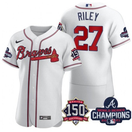 Men's Atlanta Braves #27 Austin Riley 2021 White World Series Champions With 150th Anniversary Flex Base Stitched Jersey