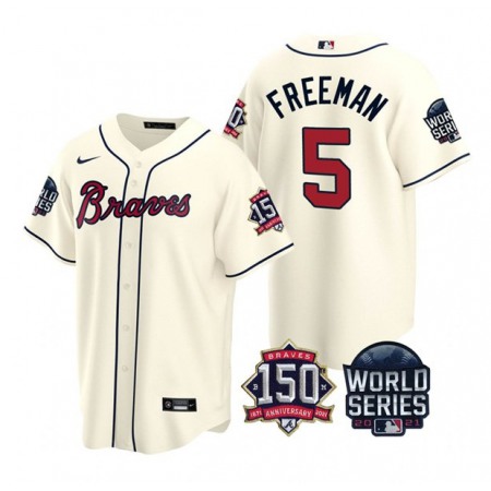 Men's Atlanta Braves #5 Freddie Freeman 2021 Cream World Series With 150th Anniversary Patch Cool Base Stitched Jersey