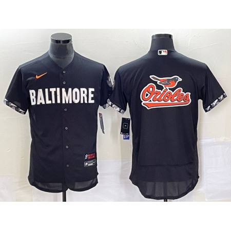 Men's Baltimore Orioles Big Team Logo in Back Black 2023 City Connect Flex Base Stitched Baseball Jersey