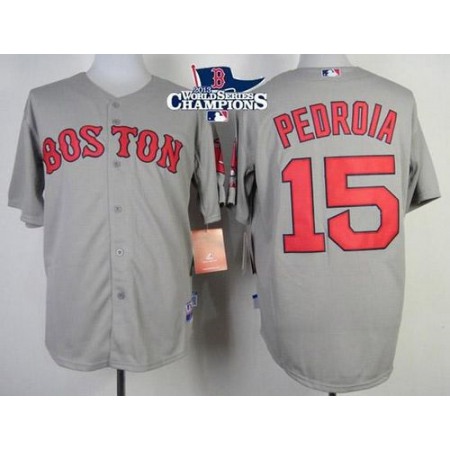 Red Sox #15 Dustin Pedroia Grey Cool Base 2013 World Series Champions Patch Stitched MLB Jersey