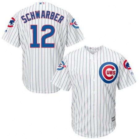 Cubs #12 Kyle Schwarber White Strip New Cool Base with 100 Years at Wrigley Field Commemorative Patch Stitched MLB Jersey