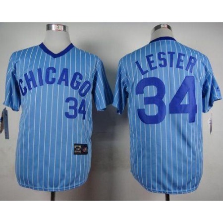 Cubs #34 Jon Lester Blue(White Strip) Cooperstown Throwback Stitched MLB Jersey