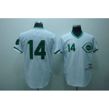 Mitchell and Ness Reds #14 Pete Rose Stitched White Green Patch Throwback MLB Jersey