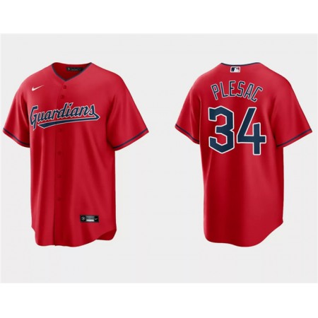 Men's Cleveland Guardians #34 Zach Plesac Red Cool Base Stitched Jersey