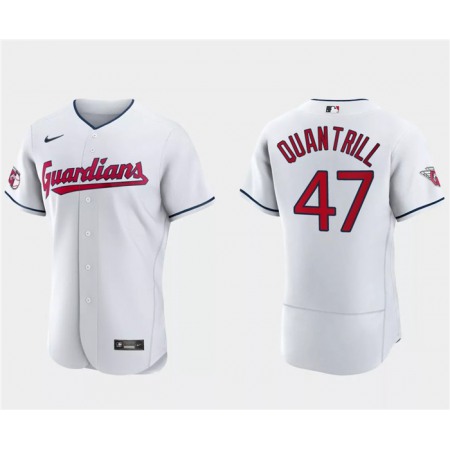 Men's Cleveland Guardians #47 Cal Quantrill White Flex Base Stitched Jersey