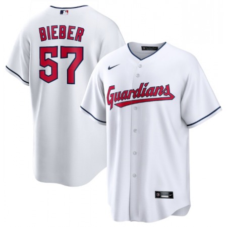 Men's Cleveland Guardians #57 Shane Bieber White Cool Base Stitched Baseball Jersey