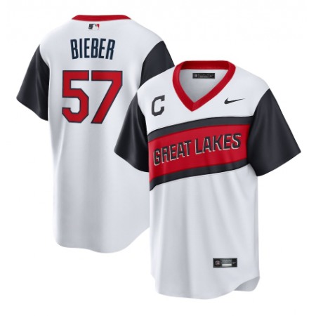 Men's Cleveland indians #57 Shane Bieber 2021 White Little League Classic Home Cool Base Stitched Baseball Jersey