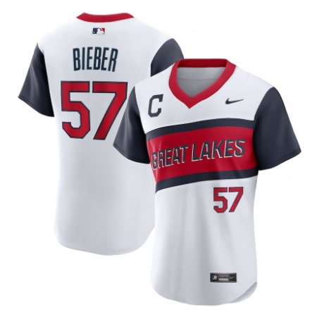 Men's Cleveland indians #57 Shane Bieber 2021 White Little League Classic Home Flex Base Stitched Baseball Jersey