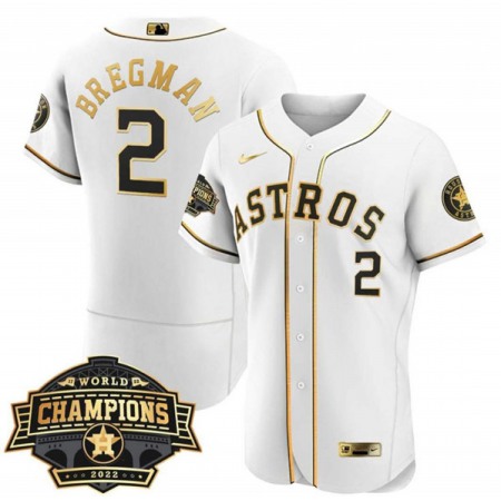 Men's Houston Astros #2 Alex Bregman White/Gold 2022 World Series Champions Flex Base Stitched Baseball Jersey