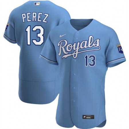 Men's Kansas City Royals #13 Salvador Perez Blue Flex Base Stitched Jersey