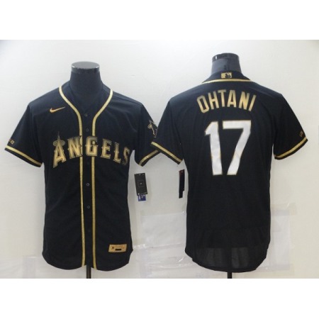 Men's Los Angeles Angels #17 Shohei Ohtani 2021 Black Golden Edition Flex Base Stitched Baseball Jersey