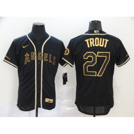 Men's Los Angeles Angels #27 Mike Trout Black Golden Flex Base Stitched MLB Jersey