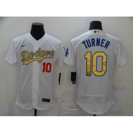 Men's Los Angeles Dodgers #10 Justin Turner 2021 White Gold Sttiched Jersey