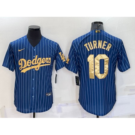 Men's Los Angeles Dodgers #10 Justin Turner Navy Gold Cool Base Stitched Baseball Jersey