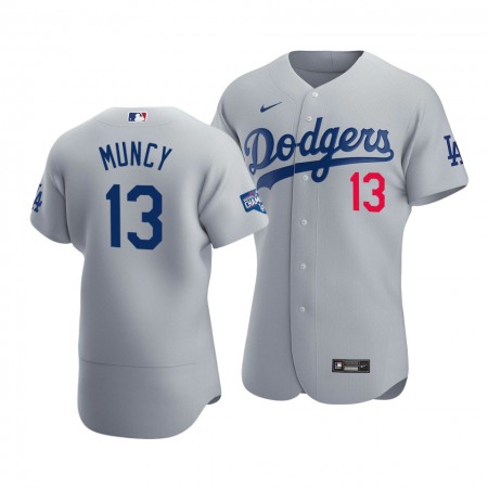 Men's Los Angeles Dodgers #13 Max Muncy 2020 Grey World Series Champions Patch Flex Base Sttiched Jersey
