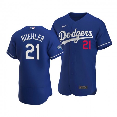 Men's Los Angeles Dodgers #21 Walker Buehler 2020 Blue World Series Champions Patch Flex Base Sttiched Jersey