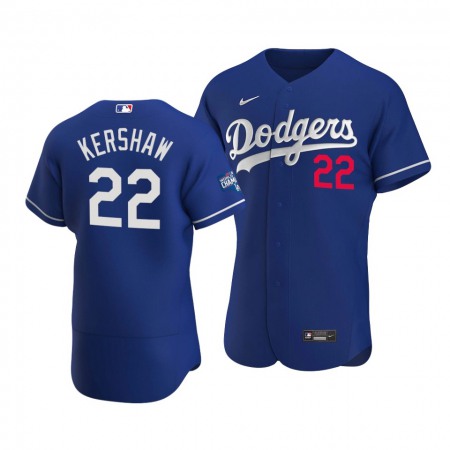 Men's Los Angeles Dodgers #22 Clayton Kershaw 2020 Royal World Series Champions Patch Flex Base Sttiched Jersey
