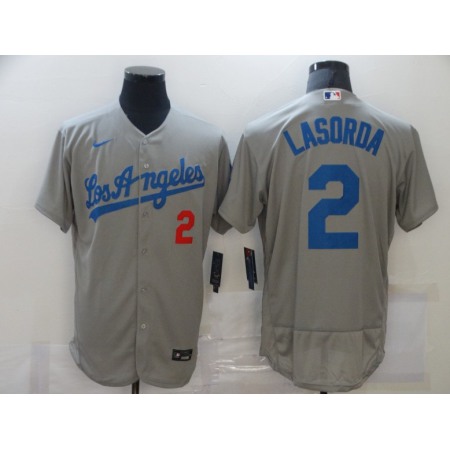 Men's Los Angeles Dodgers #2 Tommy Lasorda Grey Flex Base Sttiched Jersey