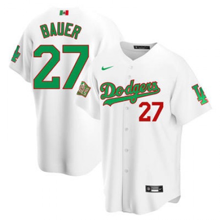 Men's Los Angeles Dodgers #27 Trevor Bauer White Green Mexico 2020 World Series Stitched Jersey