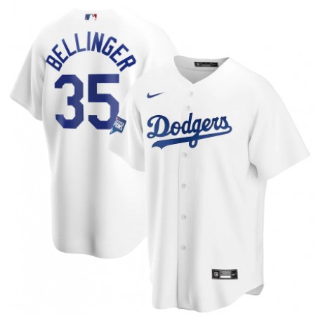 Men's Los Angeles Dodgers #35 Cody Bellinger White 2020 World Series Champions Home Patch Cool Base Stitched Jersey