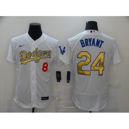 Men's Los Angeles Dodgers Front #8 Back #24 Kobe Bryant 2021 White Gold Sttiched Jersey