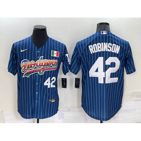 Men's Los Angeles Dodgers #42 Jackie Robinson Navy Mexico Rainbow Cool Base Stitched Baseball Jersey