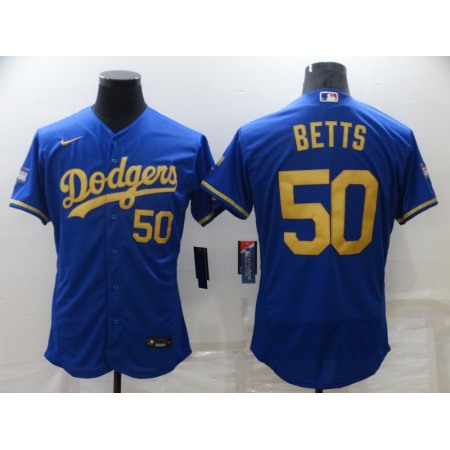 Men's Los Angeles Dodgers #50 Mookie Betts Blue Gold 2020 World Series Flex Base Stitched Jersey