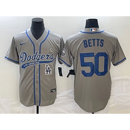 Men's Los Angeles Dodgers #50 Mookie Betts Gray With Patch Cool Base Stitched Baseball Jersey