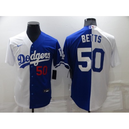 Men's Los Angeles Dodgers #50 Mookie Betts White/Blue Split Cool Base Stitched Baseball Jersey