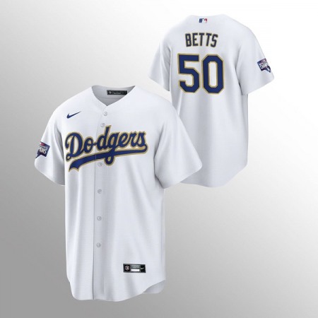 Men's Los Angeles Dodgers #50 Mookie Betts White Champions Patch Gold Program Cool Base Stitched Jersey