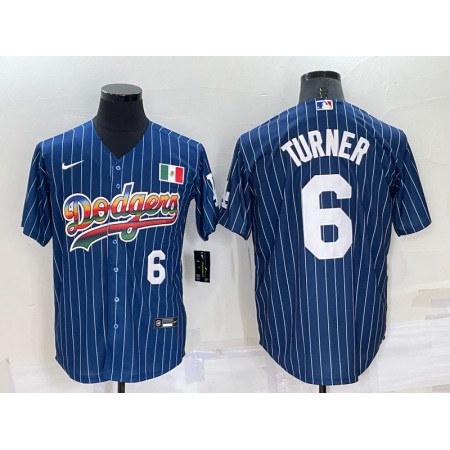 Men's Los Angeles Dodgers #6 Trea Turner Navy Mexico Rainbow Cool Base Stitched Baseball Jersey