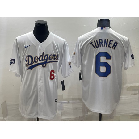Men's Los Angeles Dodgers #6 Trea Turner White Gold Championship Cool Base Stitched Baseball Jersey