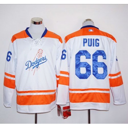 Dodgers #66 Yasiel Puig White/Orange Long Sleeve Stitched MLB Jersey