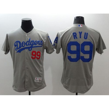 Dodgers #99 Hyun-Jin Ryu Grey Flexbase Authentic Collection Stitched MLB Jersey