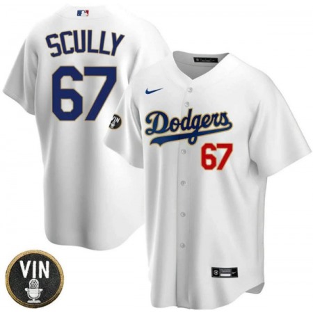 Men's Los Angeles Dodgers #67 Vin Scully 2022 White Vin Scully Patch Cool Base Stitched Baseball Jersey