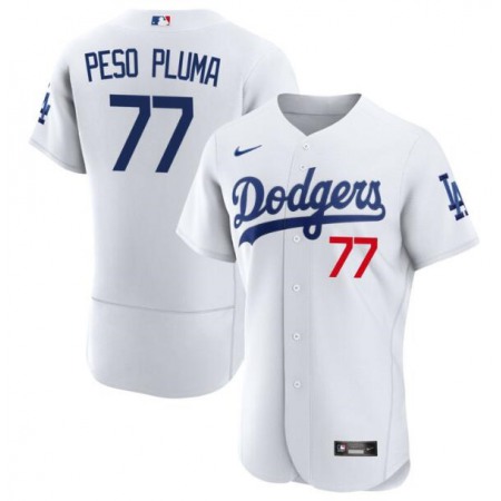 Men's Los Angeles Dodgers #77 Peso Pluma White Flex Base Stitched Baseball Jersey
