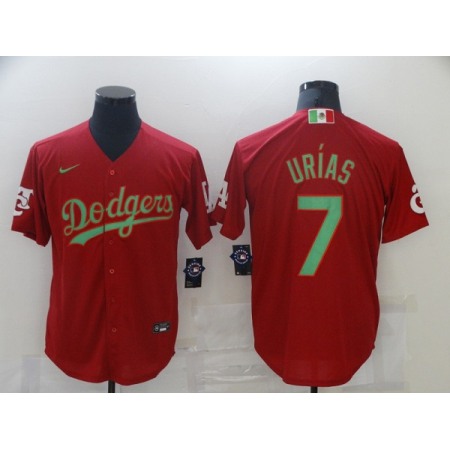 Men's Los Angeles Dodgers #7 Julio Urias Red Green 2020 World Series Stitched Jersey
