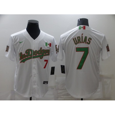 Men's Los Angeles Dodgers #7 Julio Urias White/Green Cool Base Stitched Baseball Jersey