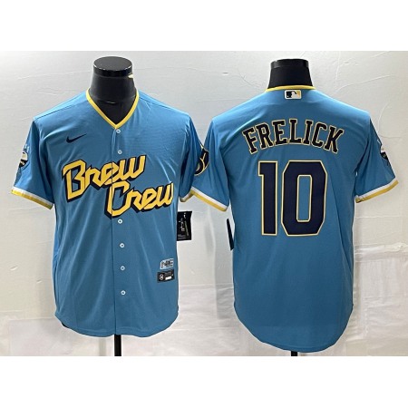 Men's Milwaukee Brewers #10 Sal Frelick 2022 Powder Blue City Connect Cool Base Stitched Jersey