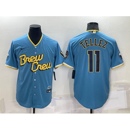 Men's Milwaukee Brewers #11 Rowdy Tellez 2022 Powder Blue City Connect Cool Base Stitched Jersey