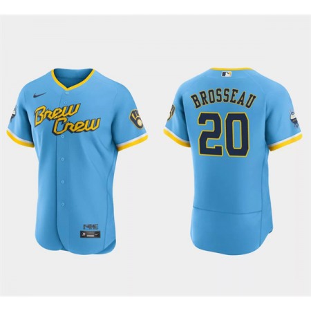 Men's Milwaukee Brewers #20 Mike Brosseau Powder Blue 2022 City Connect Flex Base Stitched Baseball Jersey