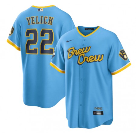 Men's Milwaukee Brewers #22 Christian Yelich 2022 Powder Blue City Connect Cool Base Stitched Jersey