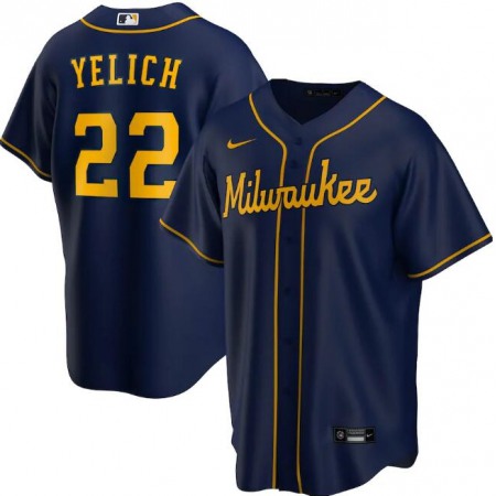 Men's Milwaukee Brewers #22 Christian Yelich Navy Cool Base Stitched Jersey